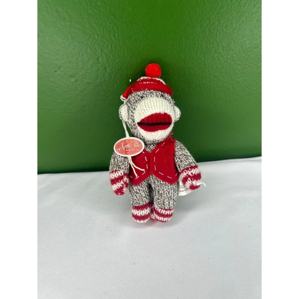 North Pole Trading Co 2011 Sock Monkey Christmas Ornament Red Vest Plush 5 Inch